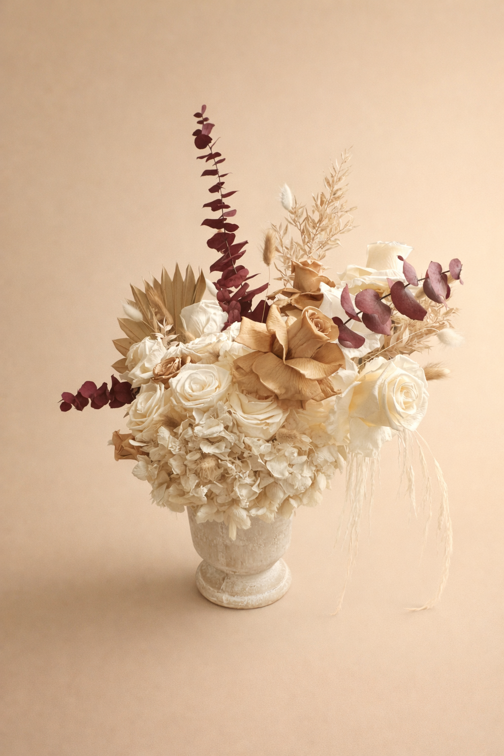 Ivory & Burgundy Preserved Rose Arrangement in Stone Vase